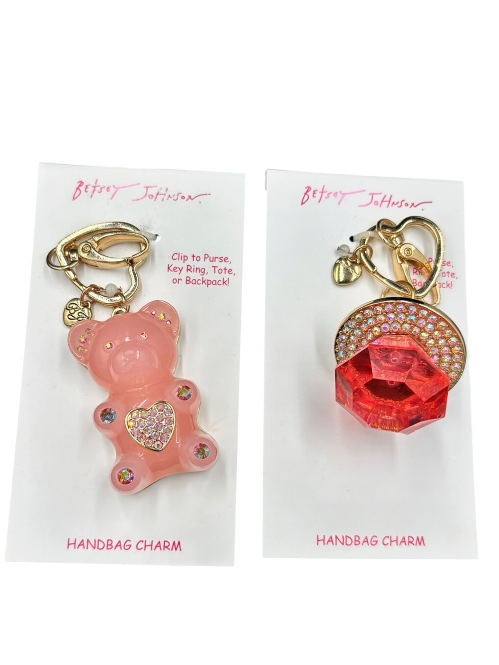 Betsey Johnson Handbag Charm Bundle – Pink Teddy Bear + Pink Crystal Gem – NWT